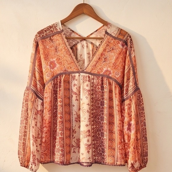 Maeve Tops - Maeve Anthropologie S Silk Paisley Metallic Stripe Blouse Orange Purple Small‎